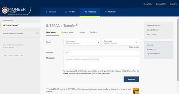 online banking screen with e-transfer